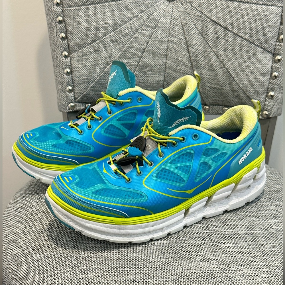 HOKA One One Women’s Conquest Road Running Shoes Aqua Blue Lime F10014F, Size 9